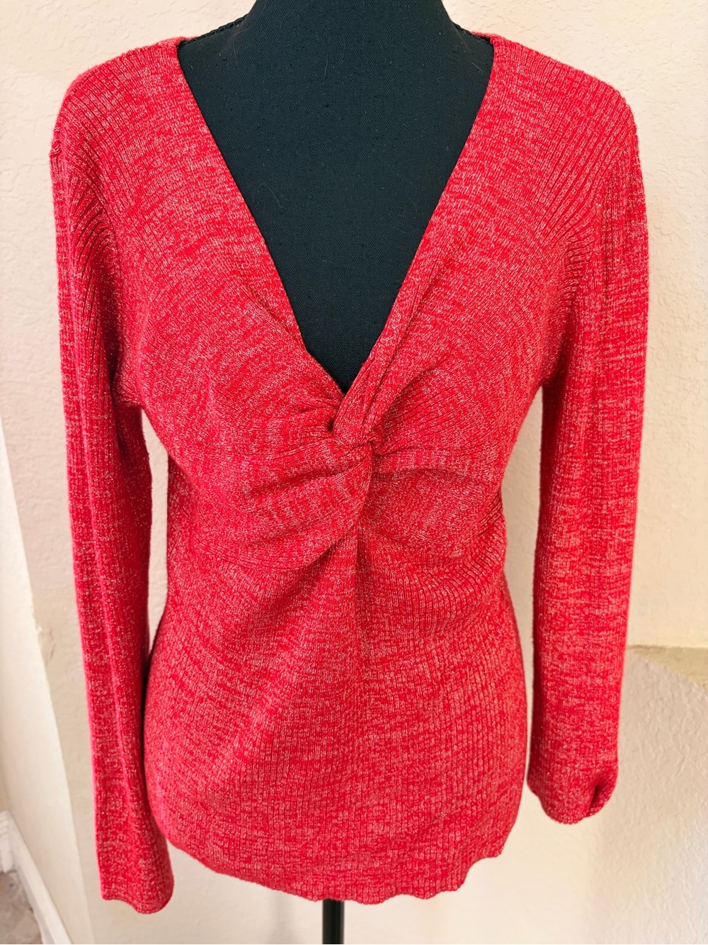 Red Twist-Front V-Neck Women's Sweater